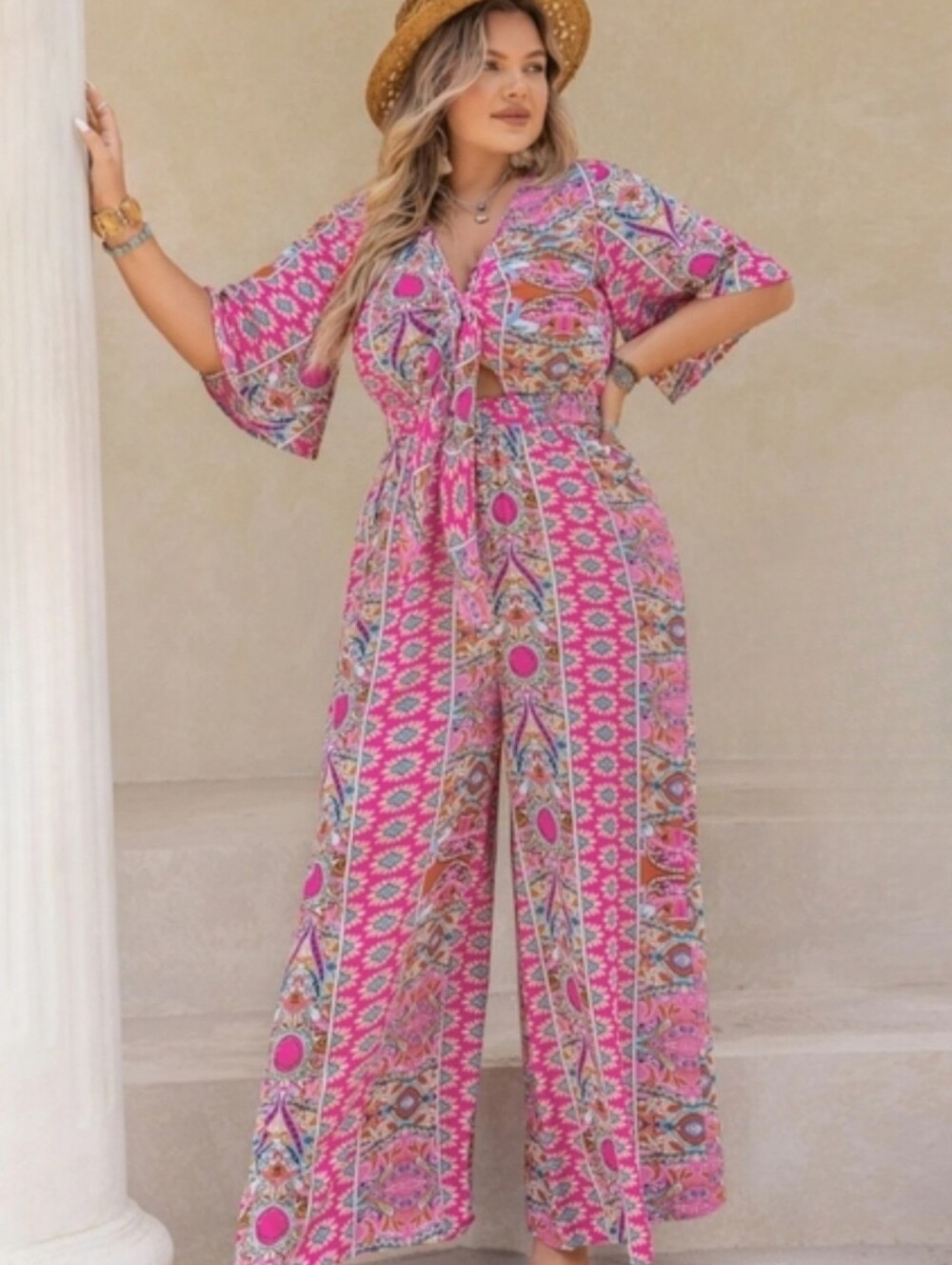 Rusttydustty 1X Deep Rose Printed Jumpsuit Wide Leg Tied Bodice Ca-1888